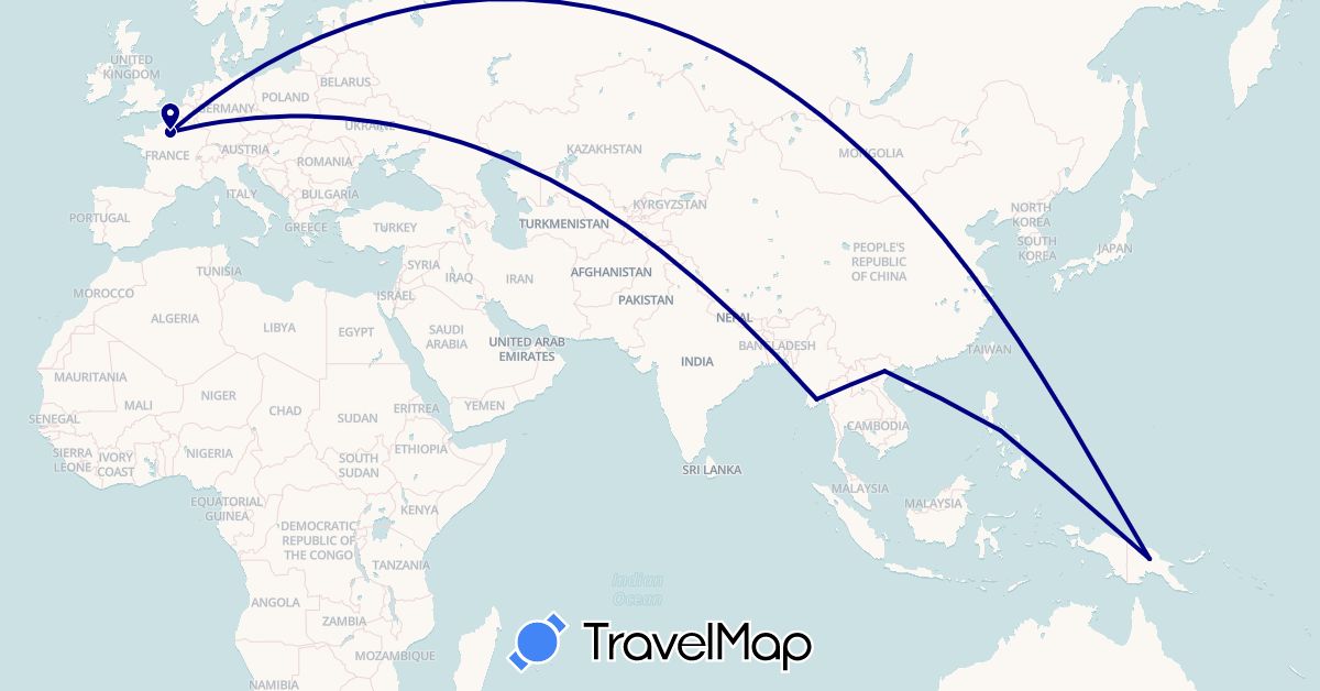 TravelMap itinerary: driving in France, Myanmar (Burma), Papua New Guinea, Philippines, Vietnam (Asia, Europe, Oceania)